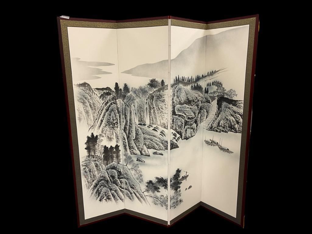 JAPANESE WATERCOLOR FOUR PANEL ROOM SCREEN FEATURING BLACK AND WHITE MOUNTAIN SCENE WITH BLUE TINT (1 of 12)