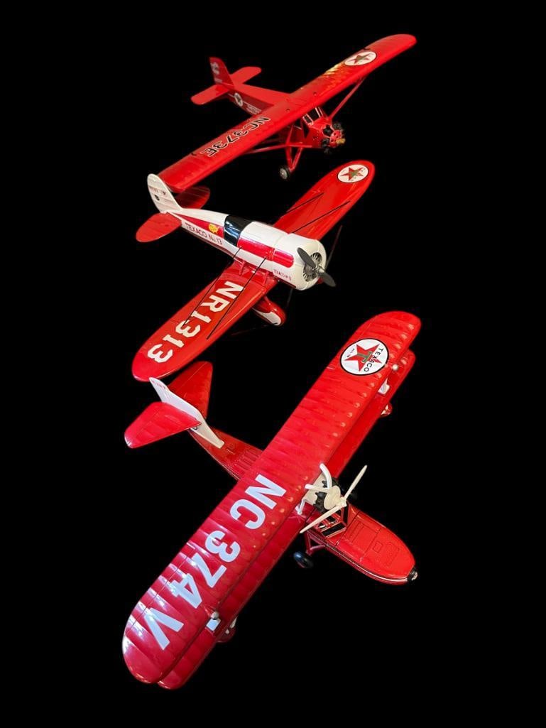 TEXACO ERTL COLLECTIBLES DIE-CAST LIMITED EDITION VINTAGE AIRPLANE COIN BANKS: THREE AIRPLANE COIN BANKS, ONE IS MISSING ITS PROPELLER 11", 12", AND 13" WINGSPAN