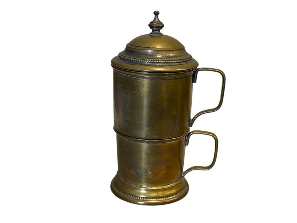 19TH CENTURY, EARLY 20TH CENTURY ANTIQUE EUROPEAN BRASS COFEE MAKER: EUROPEAN COFFEE MAKER POSSIBLY FROM MIDDLE EAST, TURKEY, OR FRANCE, FOUR PIECE 6" H