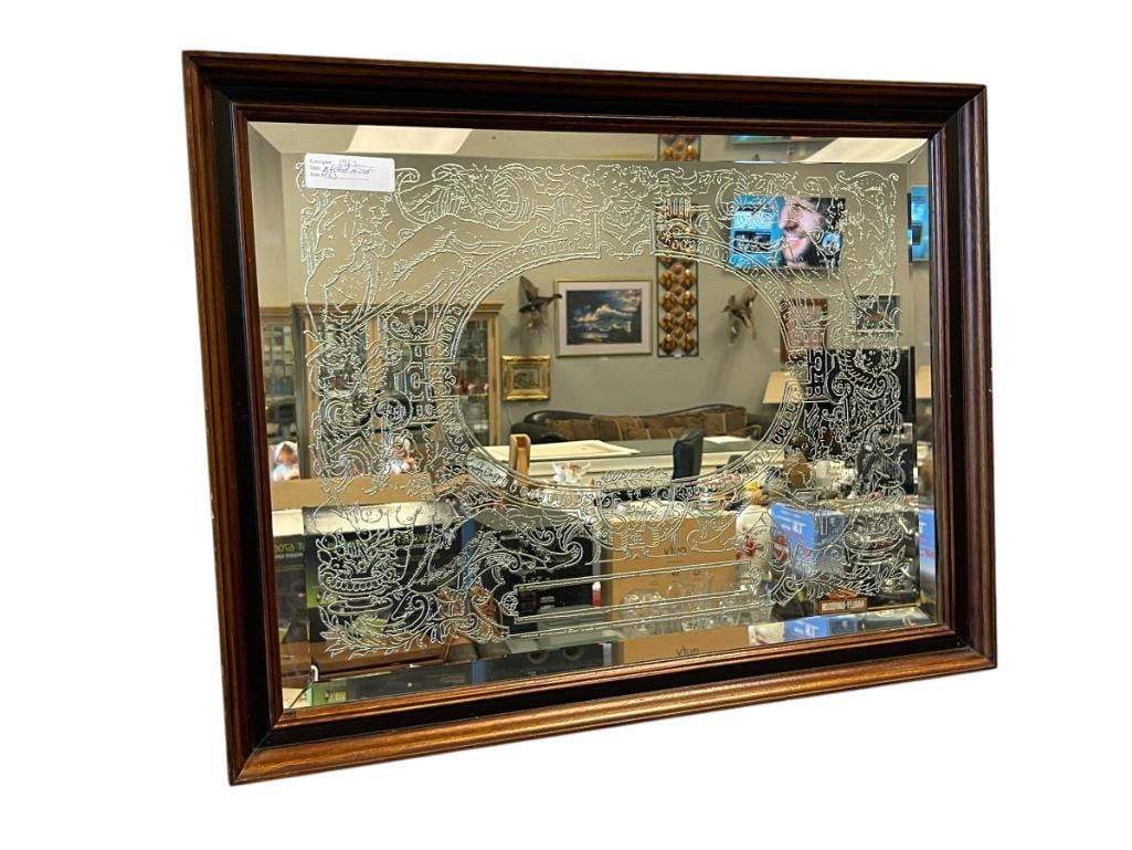 ENGRAVED PUB / BAR MIRROR IN TWO TONE BLACK AND BROWN FINISH FRAME (1 of 8)