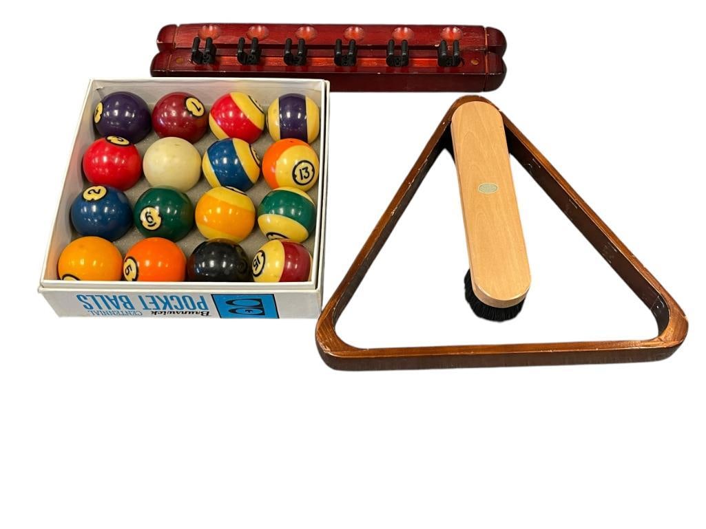 BRUNSWICK CENTENNIAL BILLIARD BALLS, 8-BALL RACK, FELT BRUSH, AND CUE HOLDER (1 of 9)