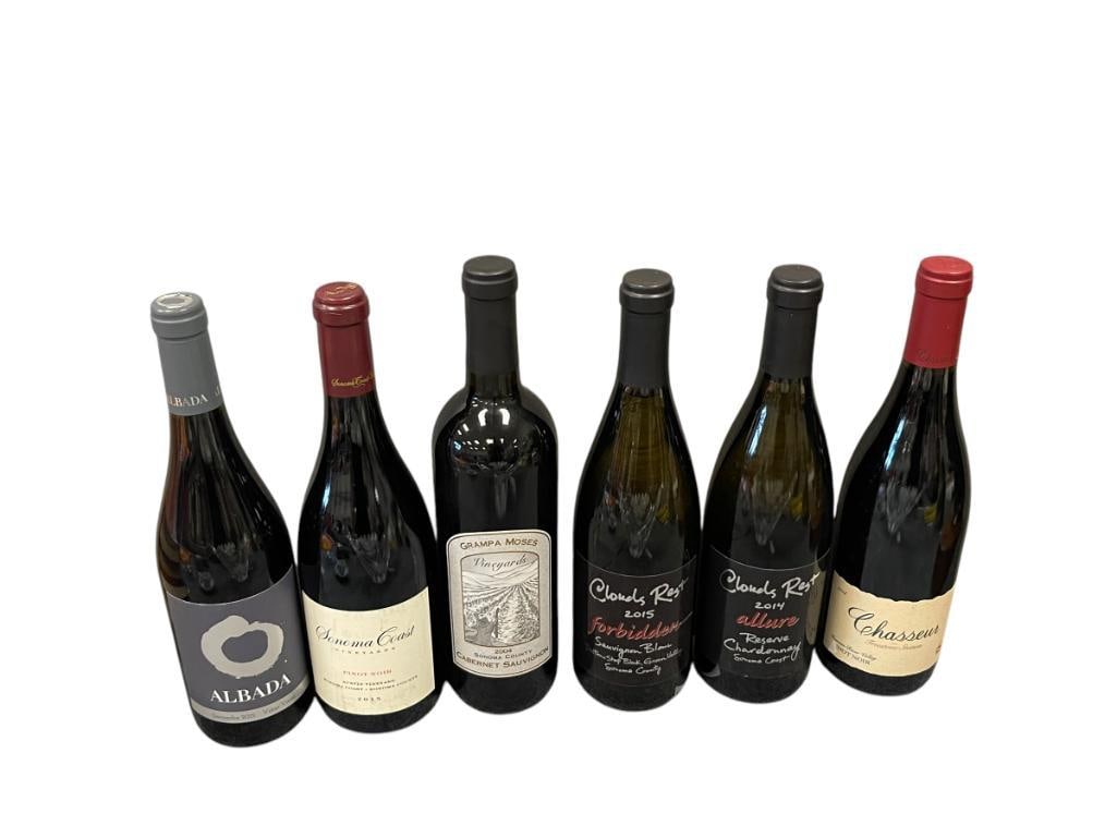 SIX SEALED BOTTLES OF PINOT, SAUVIGNON BLANC, CHARDONNAY, AND CABARNET WINE: ALBADA GARNACHA 2015, SONOMA COAST 2015, GRAMPA MOSES 2004, CLOUDS REST 2014 AND 2015, AND CHASSEUR 2011, ALL SEALED BOTTLES, STORED IN TEMPERATURE CONTROLLED ROOM, MUST BE 21 OR OVER TO BID AND
