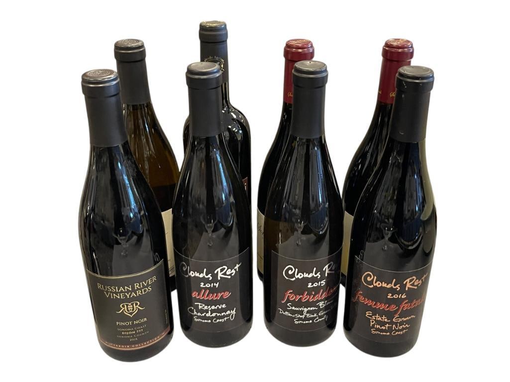 SIX SEALED BOTTLES OF PINOT, SAUVIGNON, AND CHARDONNAY WINE RUSSIAN RIVER, FABULA, AND CLOUDS REST: CLOUDS REST ALLURE 2014, CLOUDS REST FORBIDDEN 2015, CLOUDS REST FEMME FETALE 2016, SONOMA COAST 2015 AND 2016 PINOT, FABULA ROSSO, RUSSIAN RIVER VINEYARDS 2015, AND RUSSIAN RIVER 2014, ALL SEALED, MU