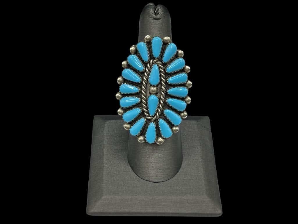 OLD PAWN STYLE STERLING SILVER NAVAJO NEEDLEPOINT CLUSTER RING: SIZE 7 1/2, 1 5/8" FRONT, 10.40 GRAMS