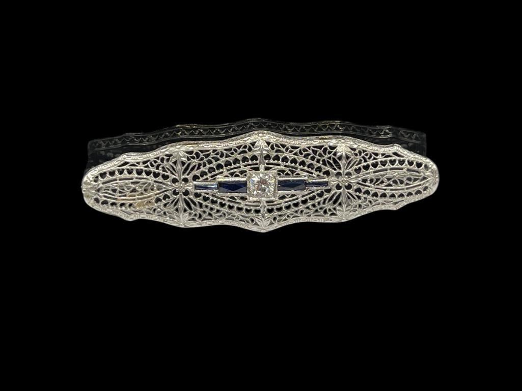 VINTAGE 14K WHITE GOLD ROUND BRILLIANT CUT DIAMOND AND BLUE SAPPHIRE FILIGREE BROOCH (1 of 8)