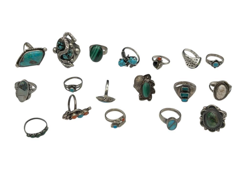 NATIVE AMERICAN STERLING SILVER RINGS INCLUDING SOME WITH TURQUOISE, MALACHITE, AND CORAL (1 of 13)
