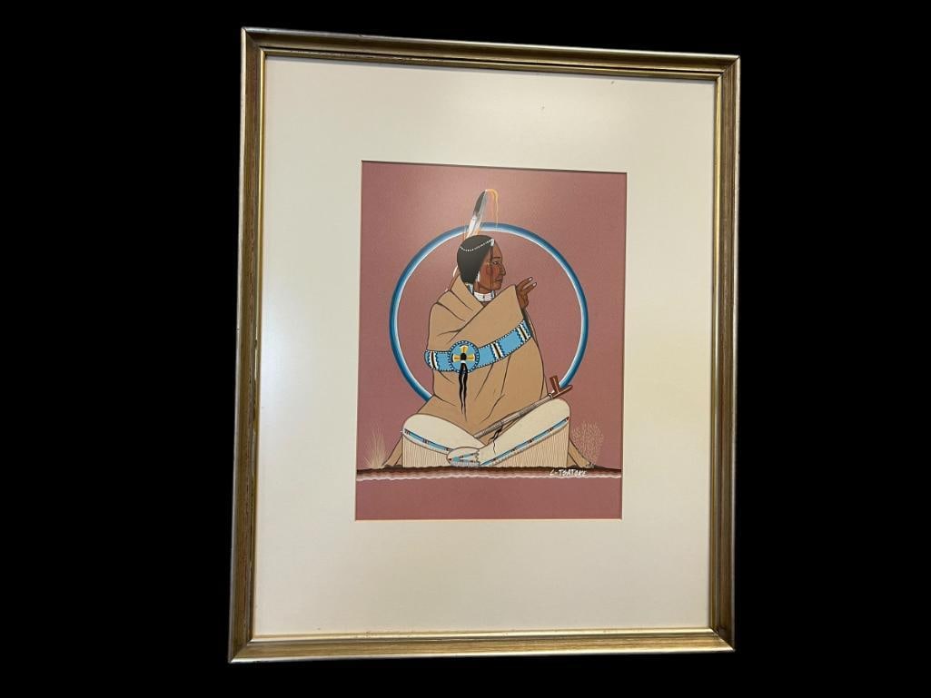 LEE TSATOKE (1929-1986) KIOWA NATIVE AMERICAN ARTIST GOUACHE PAINTING OF SEATED MAN (1 of 6)