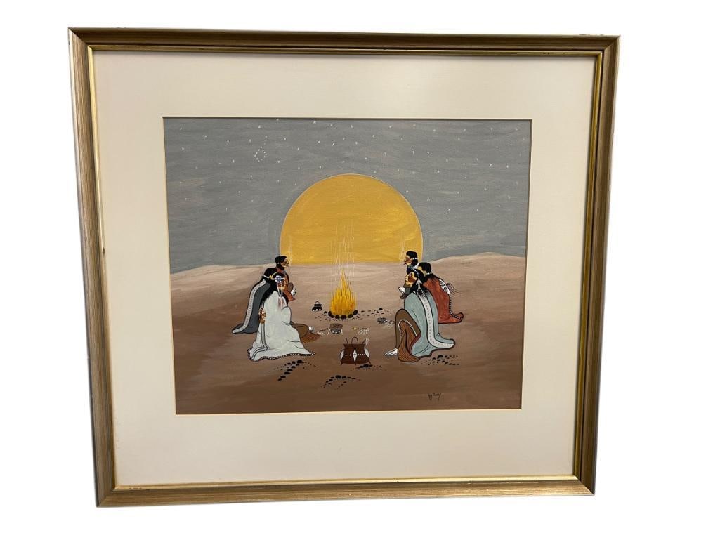 RAY LEE DARBY (1938-2016) KIOWA NATIVA AMERICAN ARTIST ORIGINAL GOUACHE PAINTING: DEPICTS SCENE OF NATIVE AMERICAN GATHERED AROUND A CAMPFIRE FOR CEREMONY OR RITUAL WITH LARGE VESSEL, PIPE, AND DRUM LAYING AROUND, WITH SUNSET AND STARS IN BACKGROUND, SIGNED LOWER RIGHT, FRAMED 21 X