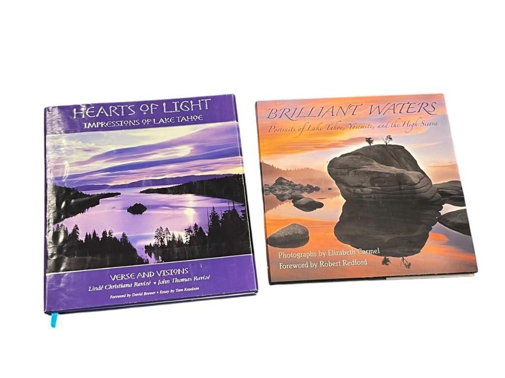 "BRILLIANT WATERS" AND "HEARTS OF LIGHT" PHOTOGRAPHY BOOKS PERTAINING TO THE BEAUTIFUL LAKE TAHOE: "HEARTS OF LIGHT IMPRESSIONS OF LAKE TAHOE" SIGNED BY ARTIST LINDA CHRISTINA RAVIZE, "BRILLIANT WATERS" FEATURES PHOTOGRAPHS BY ELIZABETH CARMEL AND FOREWARDED BY ROBERT REDFORD, BOTH 