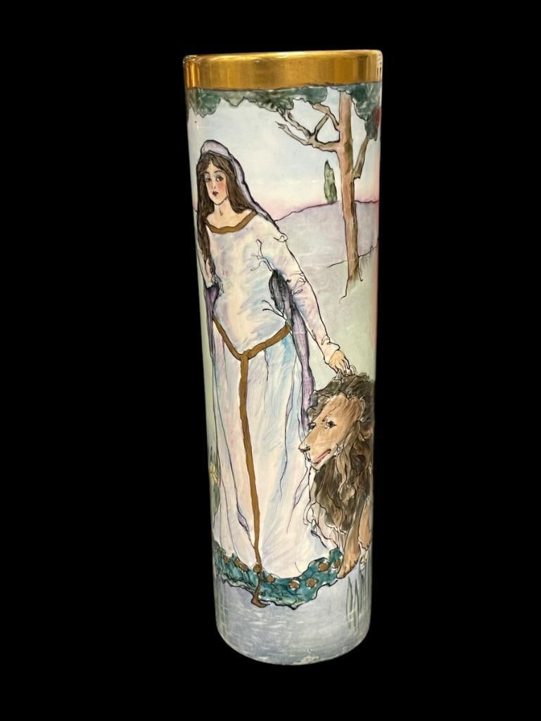 MORITZ ZDEKAUER MZ HAZBURG AUSTRIA FINE CHINA HAND PAINTED CYLINDRICAL VASE CIRCA 1884-1909: HAND PAINTED VASE WITH IMAGE OF WOMAN AND LION WITH GILT ACCENTS, MARKED ON BOTTOMÂ 11" H