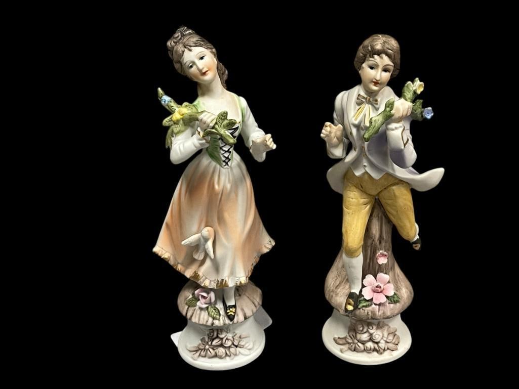 NUOVA CAPODIMONTE BISQUE PORCELAIN HAND PAINTED FRENCH FIGURES: MARKED ON BOTTOM 8" H