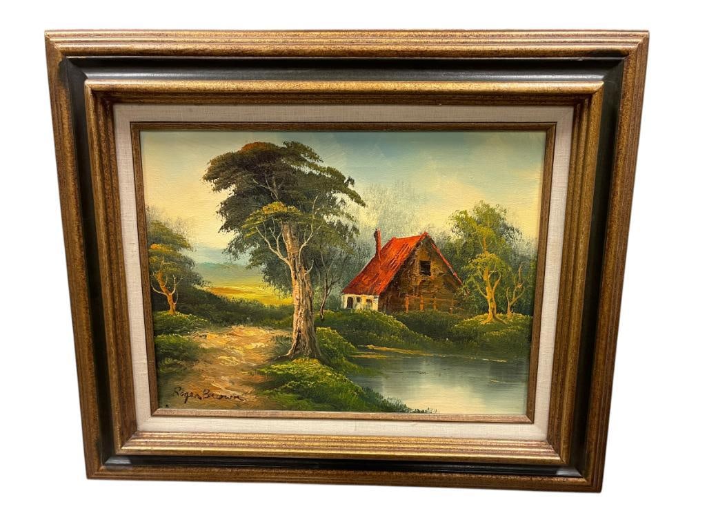 ORIGINAL ACRYLIC ON BOARD BY ROGER BROWN DEPICTS EARLY HOMESTEAD NEAR POND: SIGNED LOWER LEFT, DEPICTS SCENE OF EARLY HOME SURROUNDED BY MATURE TREES ALONG DIRT ROAD NEAR POND, FRAMED 22 3/4" X 19"