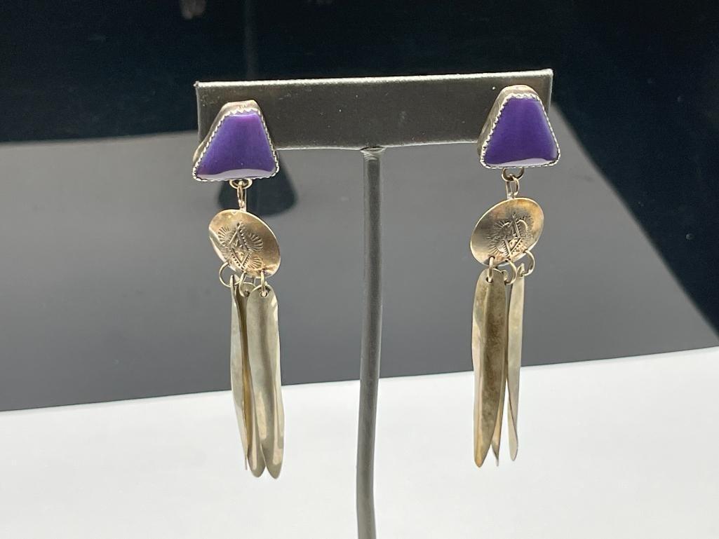 VINTAGE NAVAJO STERLING SILVER SUGILITE DANGLE EARRINGS: SIGNED BY ARTIST 3 1/4", 16.44 GRAMS