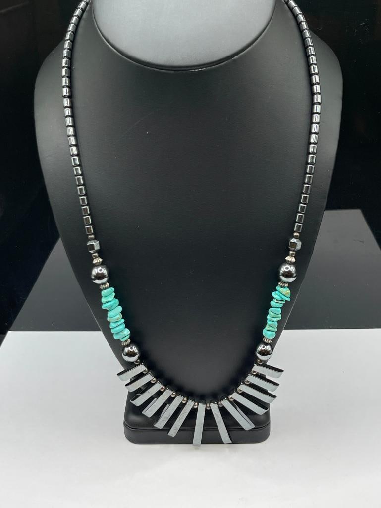 TURQUOISE AND HEMATITE BEAD NECKLACE: 23", UP TO 1 1/8" BEADS