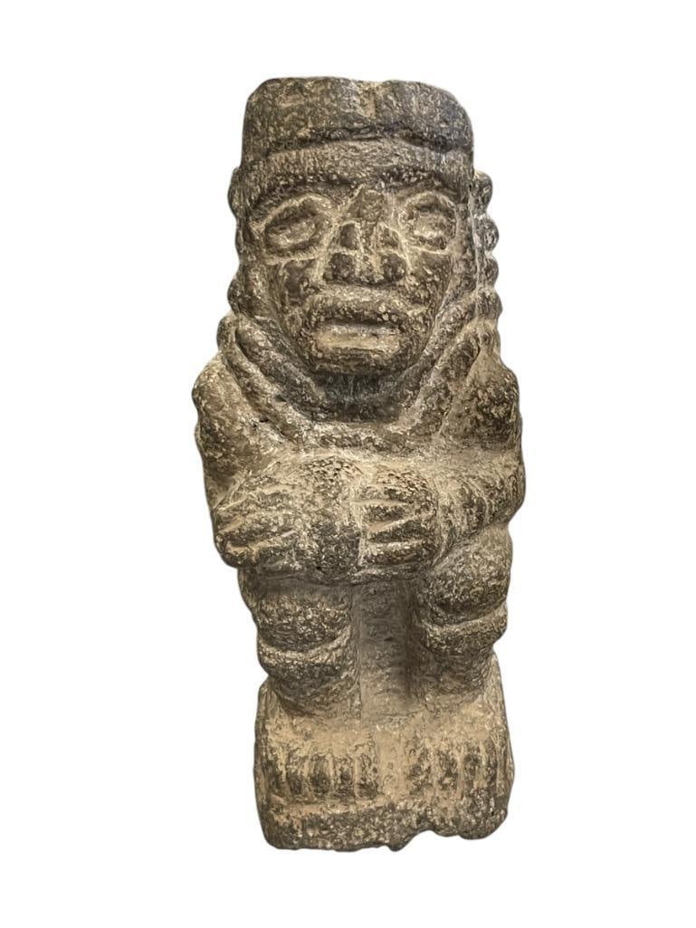 PRE-COLOMBIAN CARVED VOLCANIC STONE STATUE DEPICTS SEATED DIETY HOLDING ITEM IN HANDS (1 of 8)