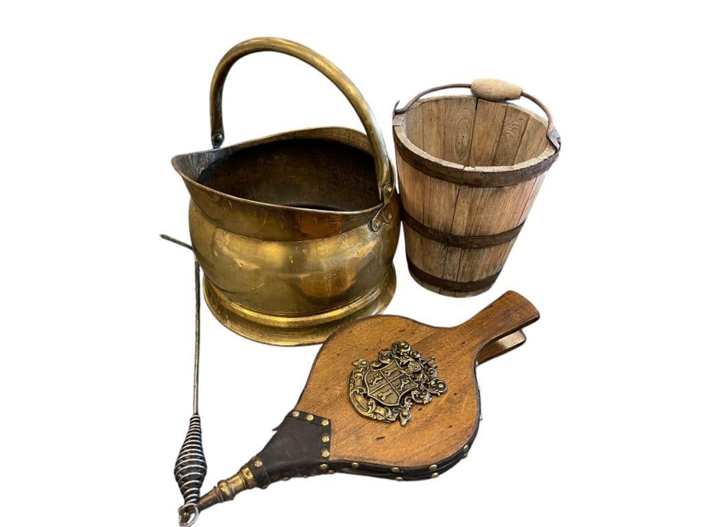 VINTAGE FIREPLACE TOOLS AND IMPLEMENTS INCLUDING COAL BUCKET, BELLOWS, WATER BUCKET, AND LOG PICK: BELLOWS HAVE TWO SMALL TEARS 17" BELLOW, 9" BUCKET, 11" COAL BUCKET
