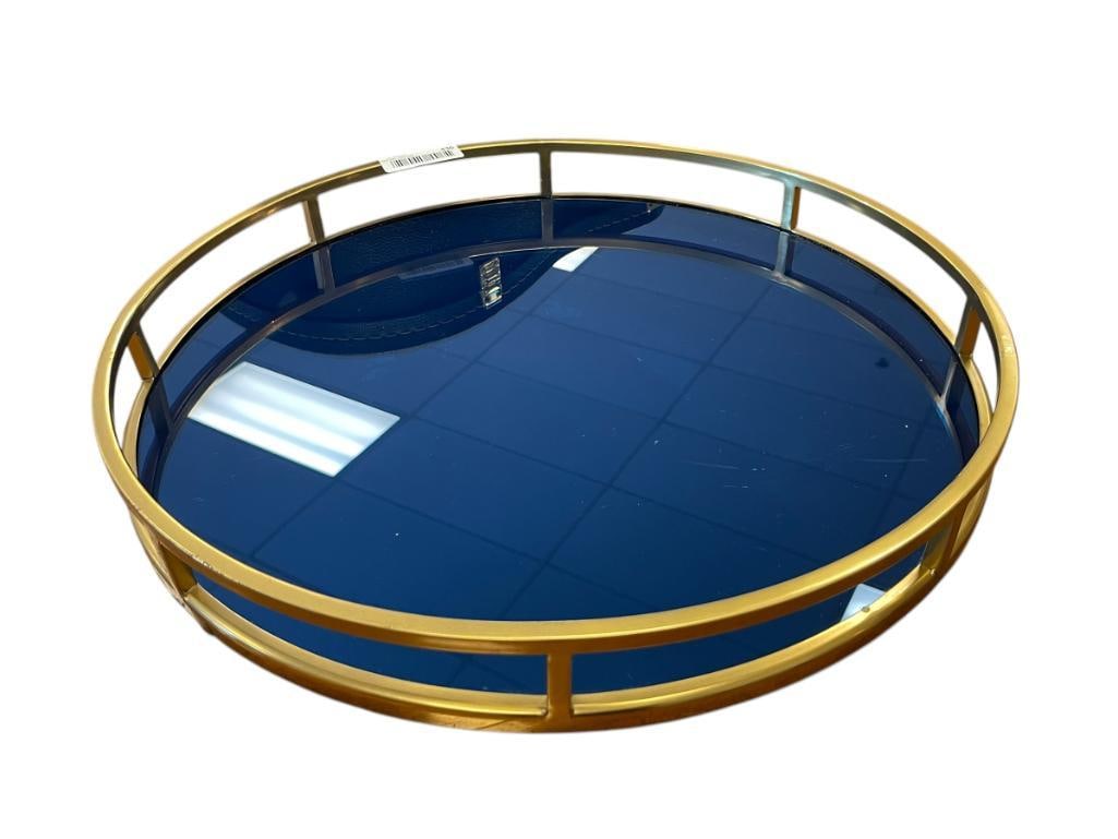 ELEGANT DEEP BLUE GLASS AND BRASS ROUND MIRROR HOME DECOR TRAY (1 of 6)