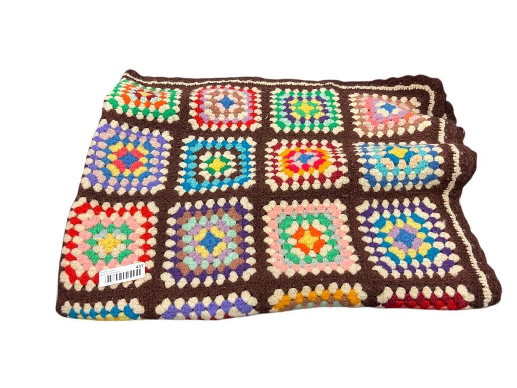VINTAGE HANDMADE AFGHAN THROW BLANKET FEATURING BROWN BORDER WITH VIBRANT COLORS (1 of 6)