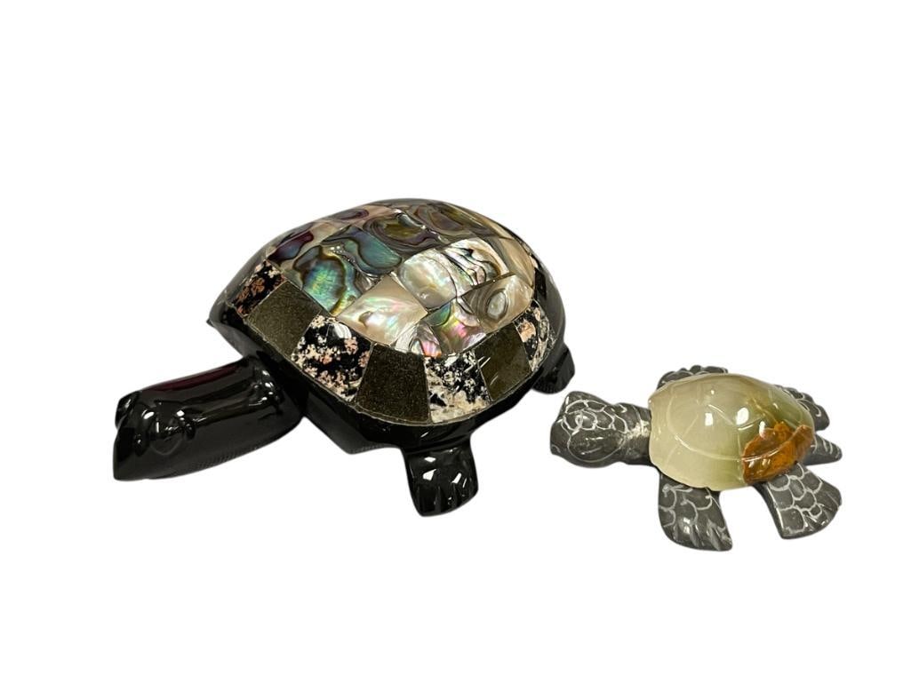 POLISHED SEMI-PRECIOUS STONE TUTRTLE FIGURES WITH ONYX, BLACK ONYX, ABALONE AND MARBLE INLAY SHELLS (1 of 6)