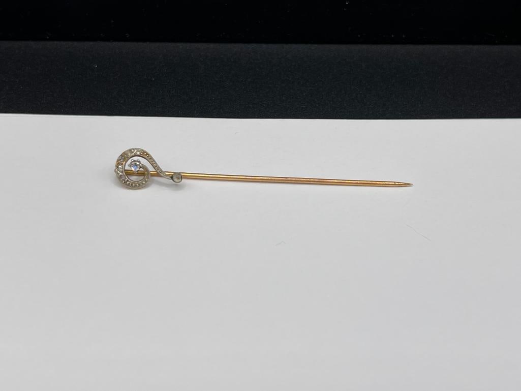 ANTIQUE 14K YELLOW GOLD CLEAR STONE "QUESTION MARK" RIDDLER STICK PIN: 2 1/2", 1.40 GRAMS