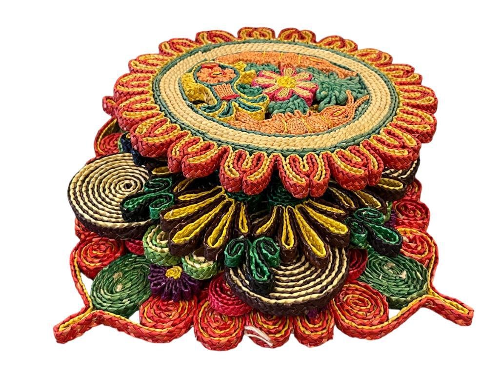 VINTAGE HAND WOVEN STRAW COLORFUL HOT PADS / TRIVETS CIRCA 1980'S SET OF SIX: DIFFERENT COLORS, DESIGNS, AND SHAPES 7" UP TO 9"