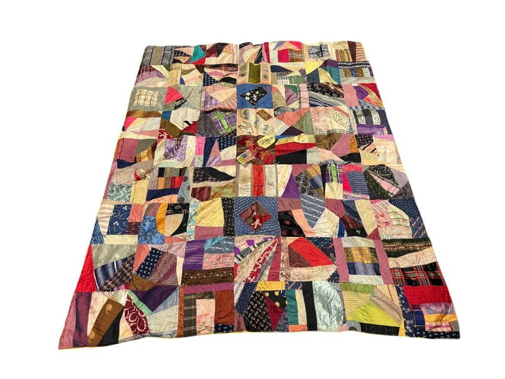 ANTIQUE CRAZY QUILT WITH ASYMMETRICAL PATCHWORK OF VARIOUS FABRIC SHAPES AND TEXTURES (1 of 8)