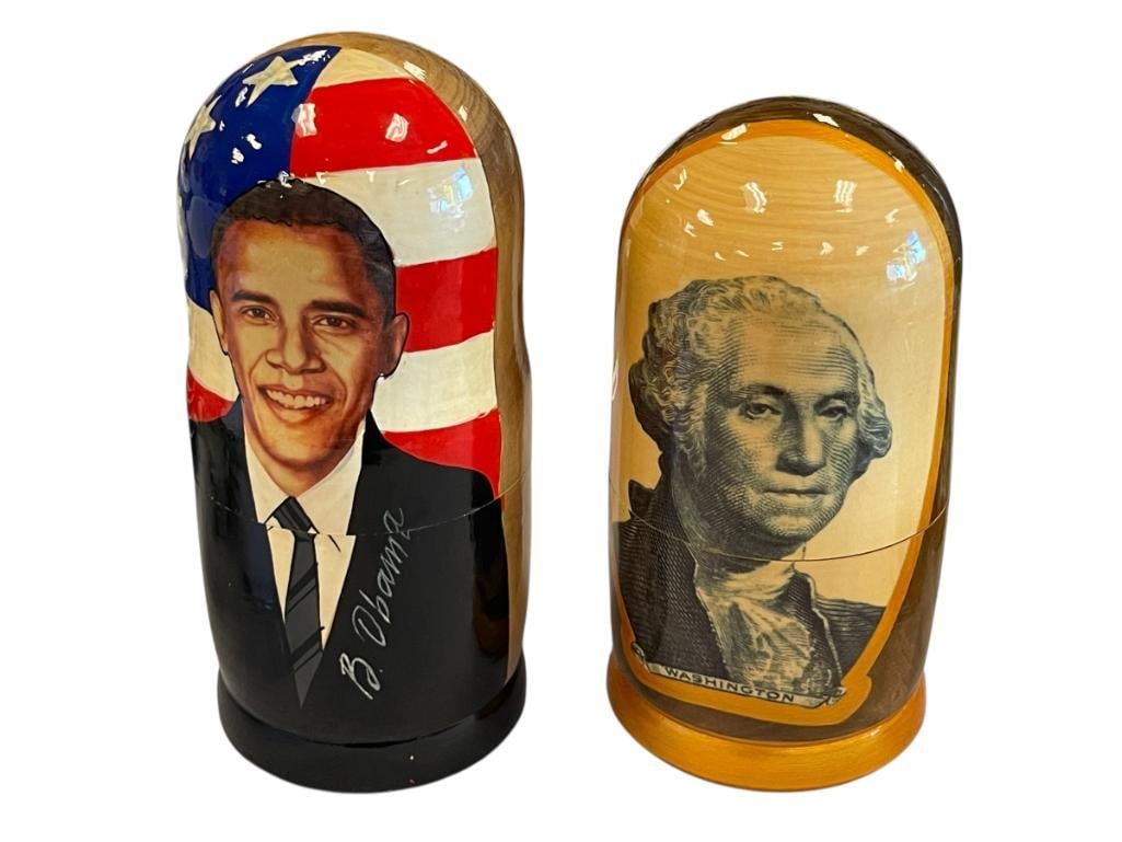 TWO SETS OF U.S. PRESIDENTIAL RUSSIAN NESTING DOLLS INCLUDING GEORGE WASHINGTON AND BARRACK OBAMA: WOOD COMPOSITION, EACH SET HAS FIVE DOLLS, ALSO INCLUDES LINCOLN, BENJAMIN FRANKLIN, GEORGE BUSH, AND OTHERS LARGEST IS 7 1/2"