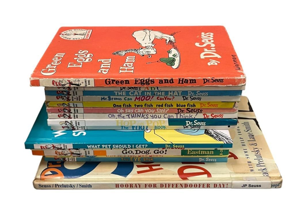 VINTAGE COLLECTION OF 15 DR. SEUSS BOOK CLUB EDITION CHILDREN'S BOOKS: FEATURING COPYRIGHTS FROM THE 1960'S, 1970'S, AND NEWER, INCLUDES "GREEN EGGS AND HAM," "THE CAT IN THE HAT," AND "OH SAY CAN YOU SAY?"