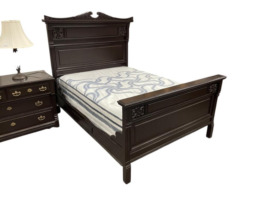 ANTIQUE LATE 1800'S EUROPEAN MADE CARVED WOOD BEDROOM SET: INCLUDING FULL SIZE BED, DRESSER WITH MIRROR, AND DESK, CARVED OAK WITH DARK STAIN, BELONGED TO A SINGLE FAMILY SINCE THE LATE 1800'S AND TRAVELED AROUND THE HORN, HAS BEEN RE-STAINED WITH DARK FINISH