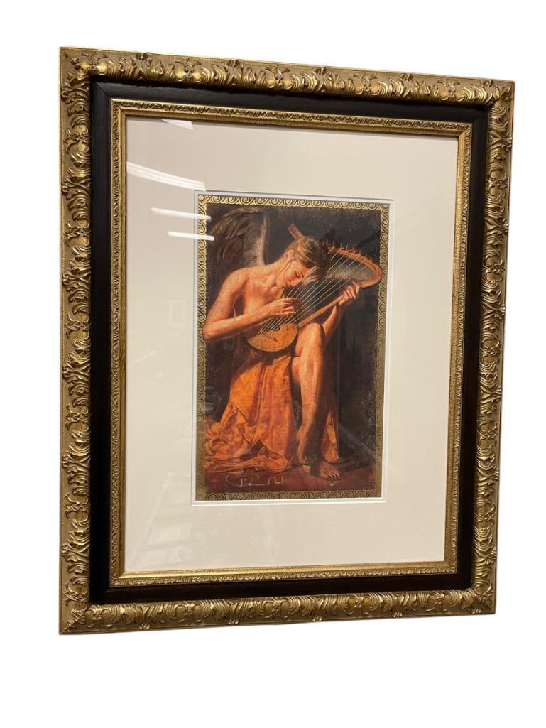 TOMASZ RUT POLISH CLASSICAL REALIST PAINTER EMBELISHED GICLEE ON WOVE PAPER TITLED "FIDICA": RUT (1961- ) FASCINATED WITH MYTHOLOGICAL FIGURES IN HIS OIL PAINTINGS, GICLEE DEPICTS NUDE WOMAN WITH WINGS PLAYING MUSICAL INSTRUMENT, SIGNED LOWER LEFT, DECORATIVELY FRAMED, 2004 ISSUE, INCLUDES CE