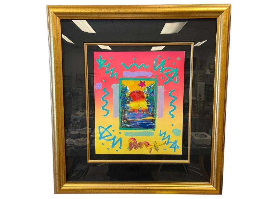 PETER MAX GERMAN-AMERICAN ARTIST MIXED MEDIA WITH ACRYLIC PAINTING COLLAGE "BETTER WORLD COLLAGE": VIBRANT POP-ART INSPIRED ART OF THE STATUE OF SUNSET IN BRIGHT COLORS, PETER MAX WAS KNOWN FOR HIS BRIGHT COLORED PSYCHEDELIC POP-ART ASSOCIATED WITH 1960'S VISUAL ARTS, GOLD FRAMED WITH TEXTILE MATTI