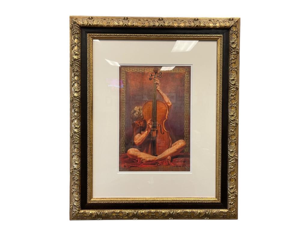 TOMASZ RUT POLISH CLASSICAL REALIST PAINTER EMBELISHED LIMITED EDITION GICLEE TITLED "AEGIS": RUT (1961- ) FASCINATED WITH MYTHOLOGICAL FIGURES IN HIS OIL PAINTINGS, 2004, GICLEE DEPICTS NUDE WOMAN PLAYING MUSICAL INSTRUMENT, SIGNED LOWER LEFT, NO. 299/350, DECORATIVELY FRAMED, GICLEE ON WOVE
