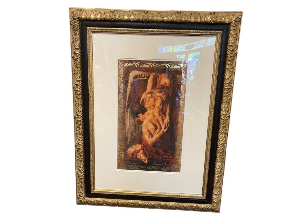 TOMASZ RUT POLISH CLASSICAL REALIST PAINTER EMBELISHED GICLEE ON PAPER TITLED "INTERMESSO": RUT (1961- ) FASCINATED WITH MYTHOLOGICAL FIGURES IN HIS OIL PAINTINGS, GICLEE DEPICTS NUDE MAN AND WOMAN WITH WINGS IN ROMANTIC POSE HOLDING EACH OTHER , SIGNED LOWER RIGHT, NO. 296/350, DECORATIVELY