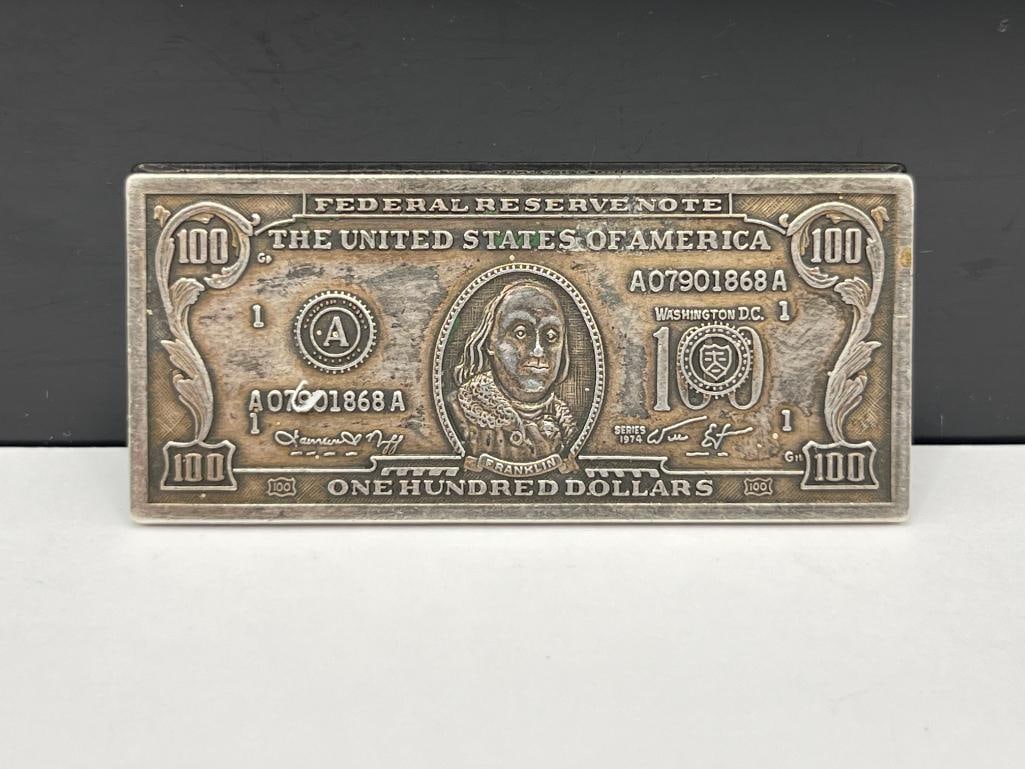 FSI .999 FINE SILVER FIGURAL $100 U.S. CURRENCY NOTE ART BAR WITH EXCEPTIONAL DETAIL (1 of 6)
