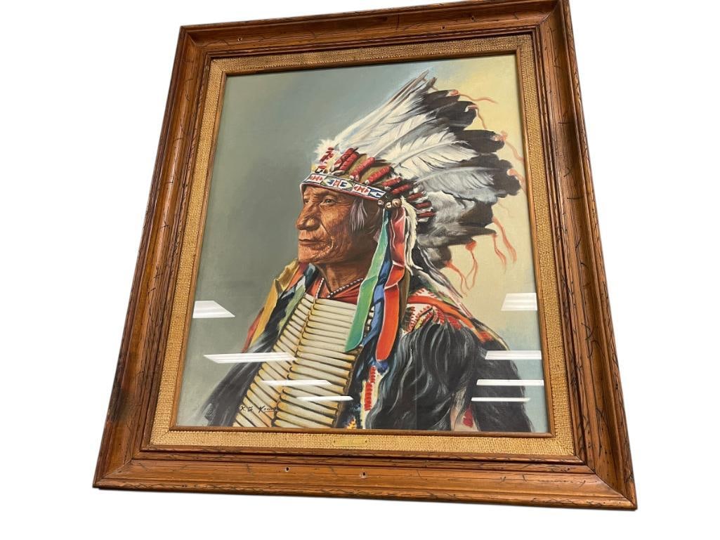K.F. YOUNG WESTERN PAINTER SPARKS, NV LOCAL ORIGINAL OIL ON CANVAS PAINTING FROM SHARKEY'S NUGGET: YOUNG IS A TAIWANESE WESTERN PHOTO-REALIST PAINTER, LOCAL TO RENO-SPARKS, NEVADA, FORMER OWNER OF PEKING HOUSE RESTAURANT, PAINTING DEPICTS CIRCA 1890'S OGALALLA SIOUX NATIVE AMERICAN INDIAN CHIEF BRO