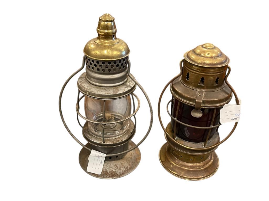 20TH CENTURY NAUTICAL MARITIME OIL LANTERNS ONE WITH CLEAR GLASS GLOBE OTHER WITH RED GLASS GLOBE (1 of 14)