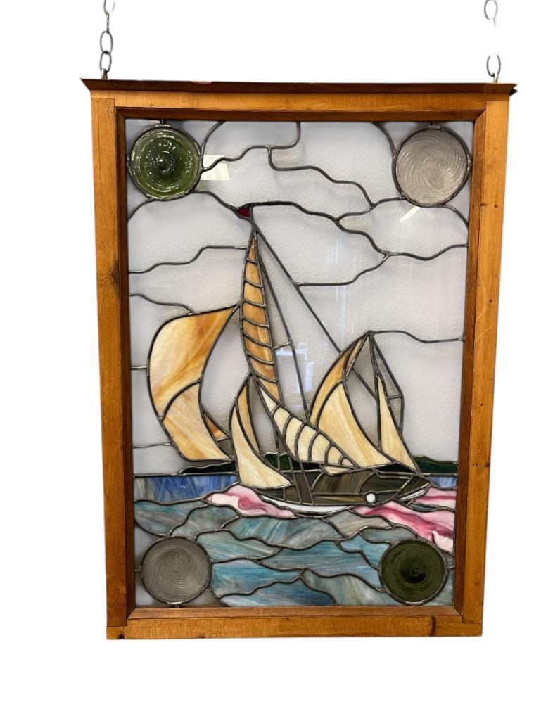 STUNNING VINTAGE STAINED GLASS SAILBOAT AT SEA WINDOW: FEATURING SAILBOAT WITH TAN SAILS OUT AT SEA ON BEAUTIFUL BLUE STAINED GLASS SEA, OAK FRAME 27" X 38"