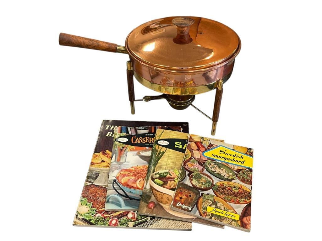 MID-CENTURY COPPER, BRASS, AND WOOD ITALIAN CHAFING DISH WITH RETRO COOKBOOKS (1 of 13)
