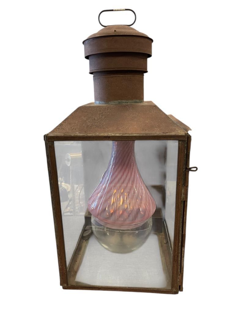 SHEET IRON NO. 115 RAILROAD STATION LANTERN WITH FENTON PINK SWIRL BLOWN GLASS SHADE (1 of 10)