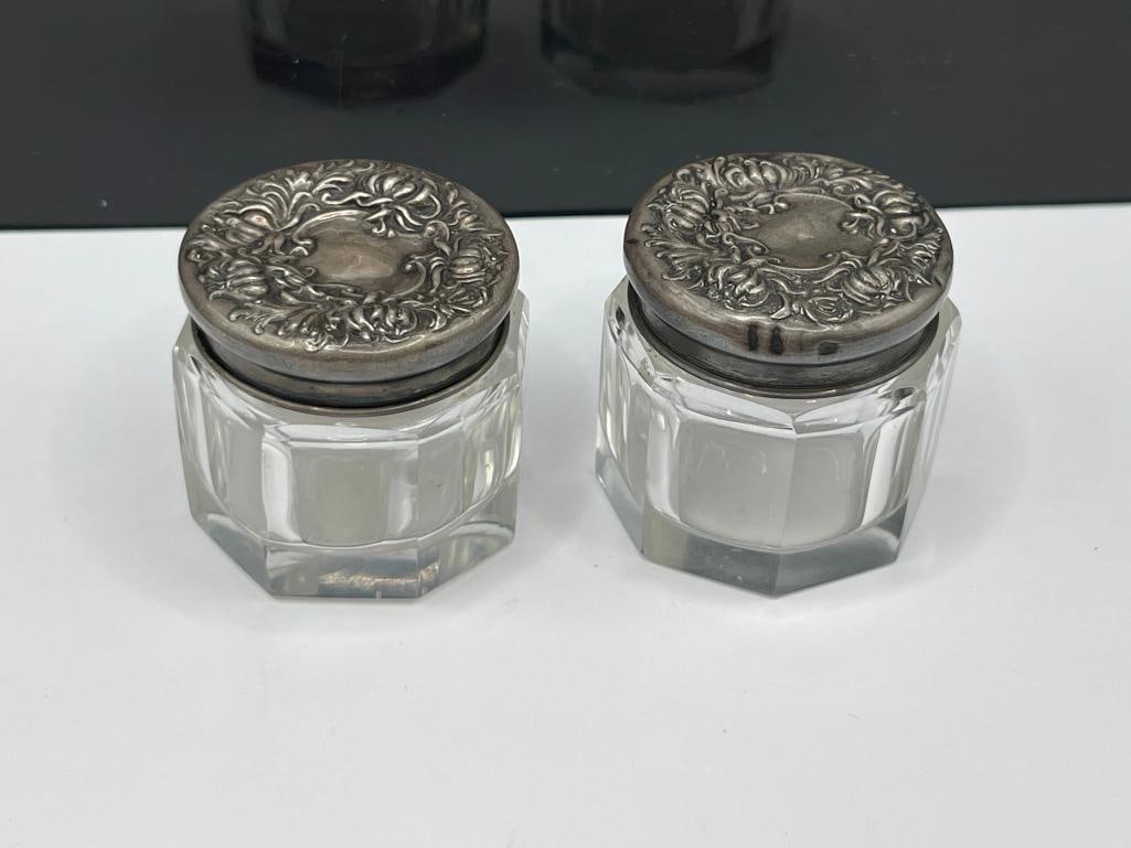 PAIR OF ANTIQUE STERLING SILVER LID CRYSTAL SALT CELLARS: FEATURING REPOUSSE STERLING LIDS 1 1/2", 6.56 GRAMS OF STERLING