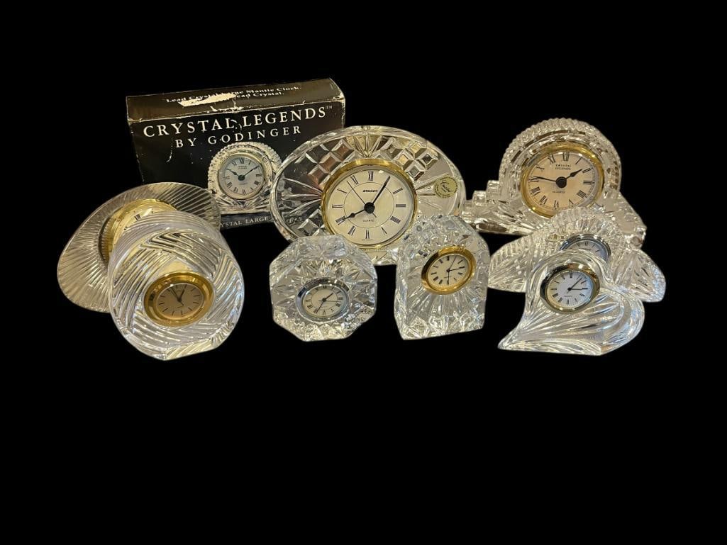 EIGHT GLASS AND CRYSTAL DECORATIVE DESK / TABLE CLOCKS ONE IS MADE IN CZECH, OTHER MADE BY TIPPER...: DECORATIVE CLOCKS WITH CHROME AND BRASS FINISH CLOCK FACE TRIM, ALL WITH ROMAN NUMERAL DIAL, ONE INCLUDES ORIGINAL BOX 2 3/4" UP TO 6"