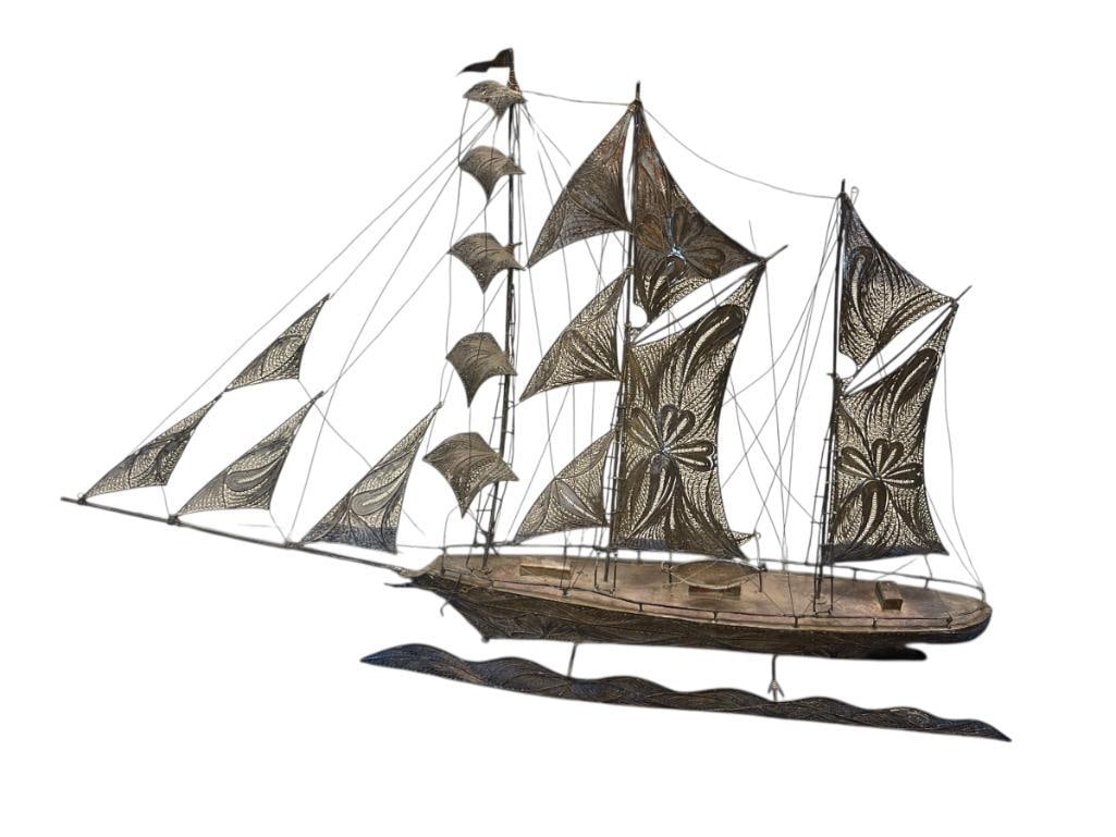 VINTAGE SILVER SPUN WIRE FILIGREE SAILING SPANISH SHIP SCULPTURE: INTRICATELY DETAILED SAILING SHIP SCULPTURE MADE FROM SPUN WIRE 16 1/8" L