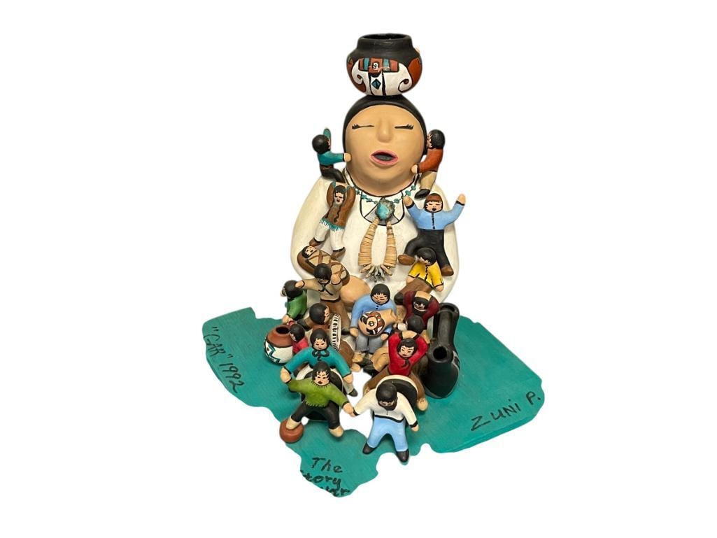 HOPI NATIVE AMERICAN HAND CRAFTED CLAY SCULPTURE TITLED "THE STORY TELLER" SIGNED ON BASE AND DATED (1 of 12)