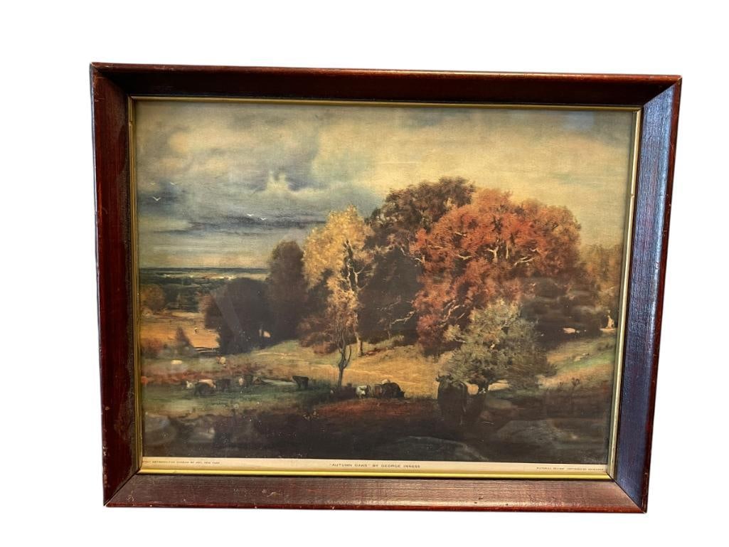 GEORGE INNESS (1825-1894) METROPLOTITAN MUSEUM PRINT TITLED "AUTUMN OAKS": DEPICTS FALL SCENE WITH TREES AND CATTLE, FRAMED 14 1/2" X 11 1/2"