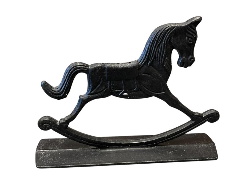 CAST IRON ROCKING HORSE DOOR STOP: BLACK FINISH CAST IRON ROCKING HORSE DOOR STOP 10 3/4" L