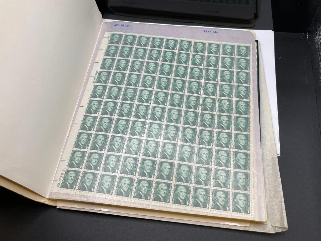 IMPRESSIVE U.S. MINT FILE STAMP SHEET FEATURING DOZENS OF UNCUT SHEETS OF STAMPS FROM 1960'S AND UP: APPROX. $120 FACE VALUE IN UNCUT STAMPS FEATURING DENOMINATIONS FROM 1 CENT TO 7 CENTS AS WELL AS 13 CENTS, 15 CENTS, 18 CENTS, AND 20 CENTS DENOMINATIONS, INCLUDES PRESIDENTIAL STAMPS, SEE PHOTOS