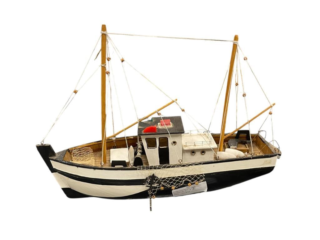 WOODEN FISHING BOAT MODE NAMED "SUNRIDE" DETAILED MODEL WITH RIGGING: HAND BUILT MODEL FEATURES FISHING NETS, ANCHOR, RIGGING, ETC, WITH ATTACHED STAND 18" L 14 1/2" H