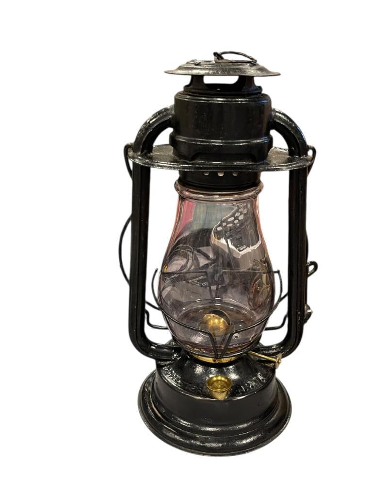 HAM'S GEM COLDBLAST RAILROAD LANTERN LATEST PAT DATE 1894 WITH SUNPURPLED GLASS GLOBE MADE NEW YORK: LANTERN APPEARS TO HAVE BEEN REPAINTED AT SOME POINT, GLOBE IS EMBOSSED WITH LETTER "A" TOP EDGE 12" H