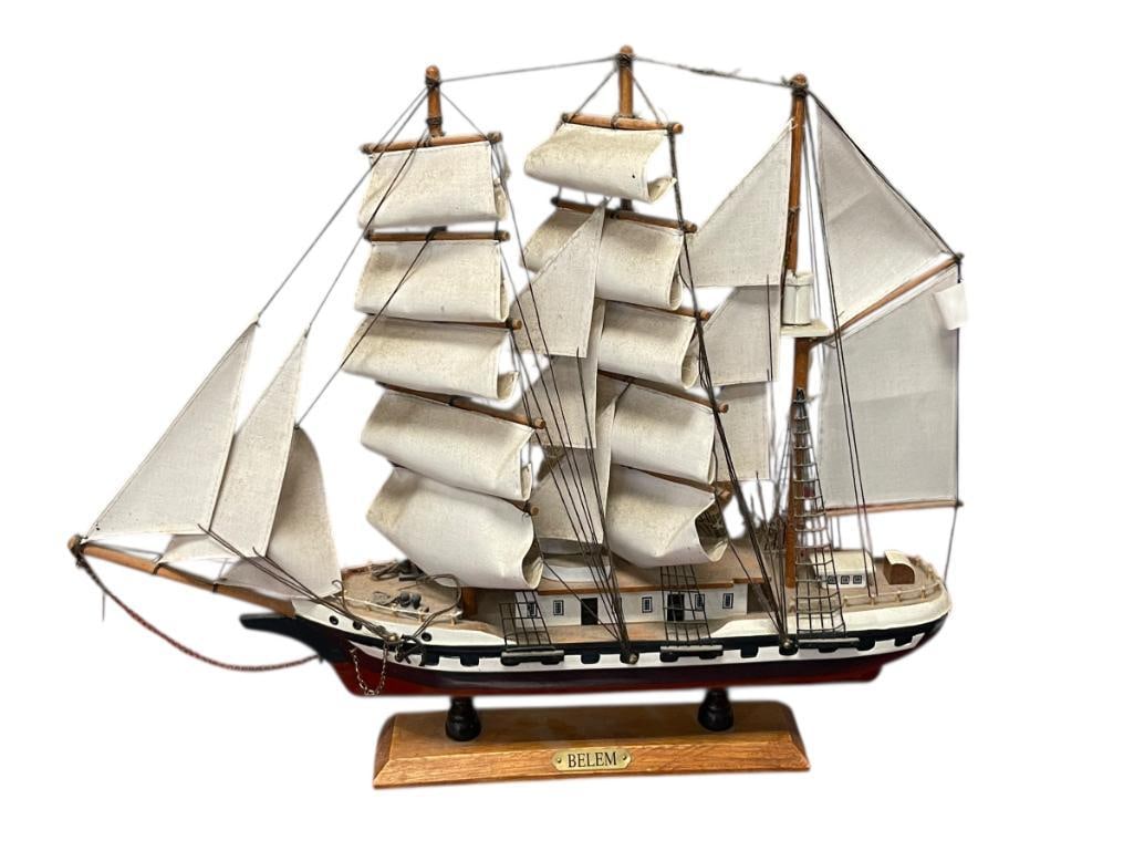 BELEM WOODEN MODEL THREE MAST SAILING SHIP MODEL WITH CLOTH SAILS: WOODEN SAILING SHIP WITH RIGGING AND DETAILED FEATURES, WITH WOODEN STAND 17" H 20" L