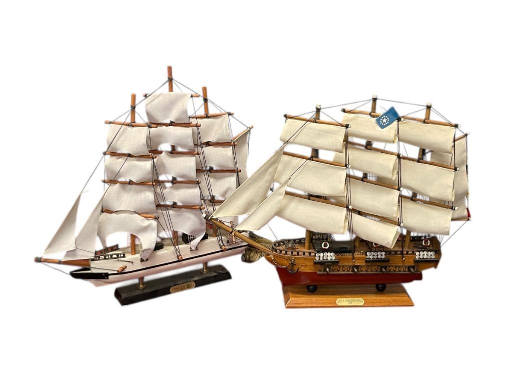 TWO WOODEN RENOWN SAILING SHIP MODELS CLIPPER WAILING SHIP AND U.S.S. CONSTITUTION: TWO WOODEN MODELS OF RENOWN SAILING SHIPS EACH WITH WOODEN BASE AND NAME PLAQUES 14" AND 16" L